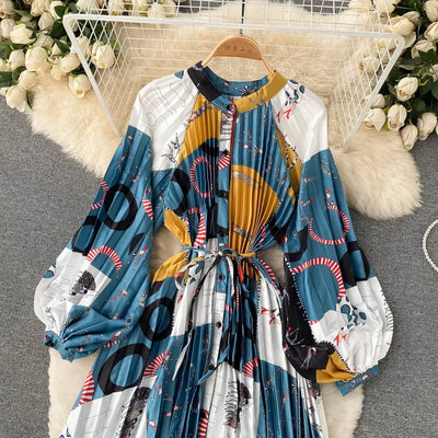 Retro Print Elegant Pleated Lace-up Chiffon Long Sleeve Dress A-line Blouse French Casual V-neck High Waist Women Summer Dresses