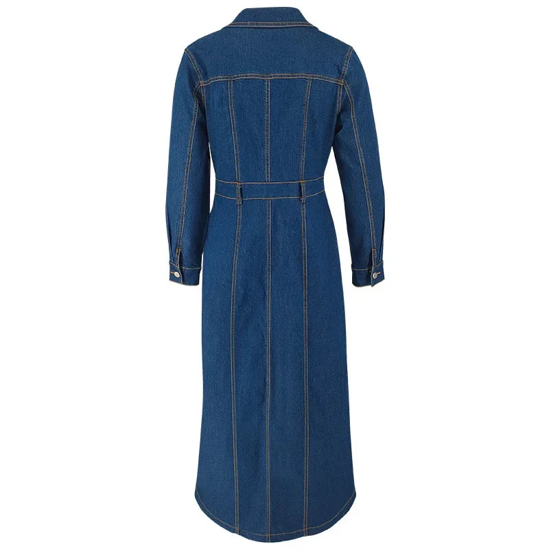 Denim Dress Women Long Dresses Spring Turn Down Collar Elegant Work Splice Vestidos Single Breasted A Line Y2k Tops Streetwear