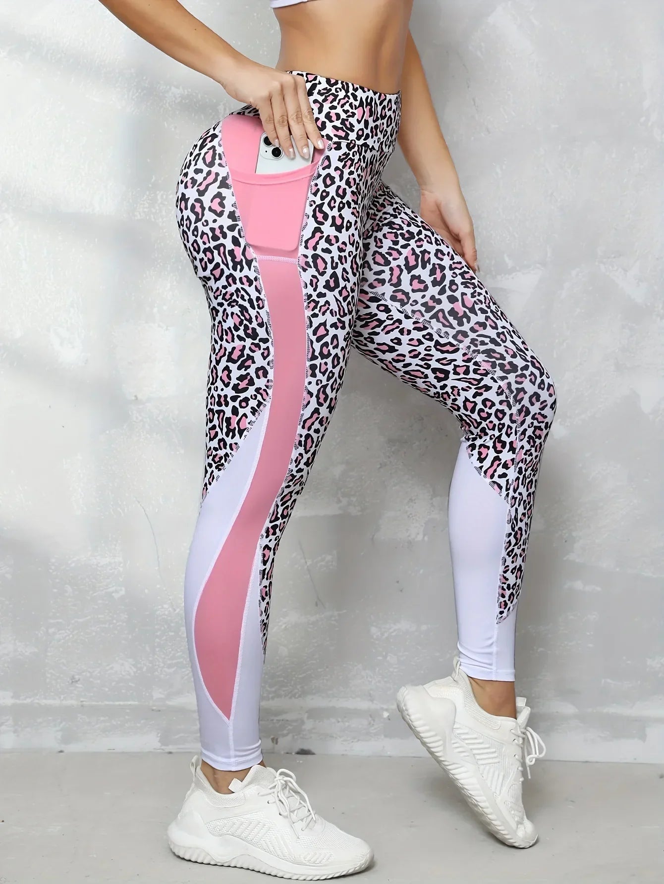 Leopard Print Spliced Yoga Leggings With Side Pockets Seam Fitness Exercise Yoga Pants Fashion Style For Women