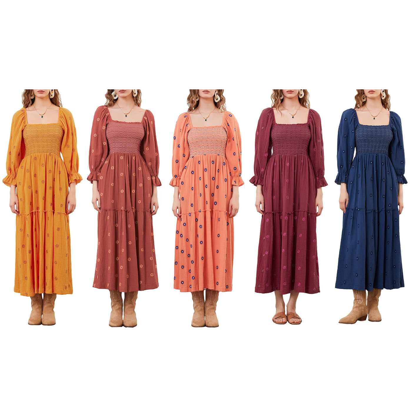 Women Summer Casual Long Dress 3D Embroidered Flowers Square Neck Puff Sleeve Dress Fashion Backless A-line Dress