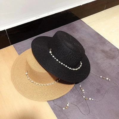 New Women Summer Hats Straw Sun Hat Panama Elegant Straw Fedoras Lady Girl Outdoor Vacation with Pearl Chain Sunshade Beach Hat
