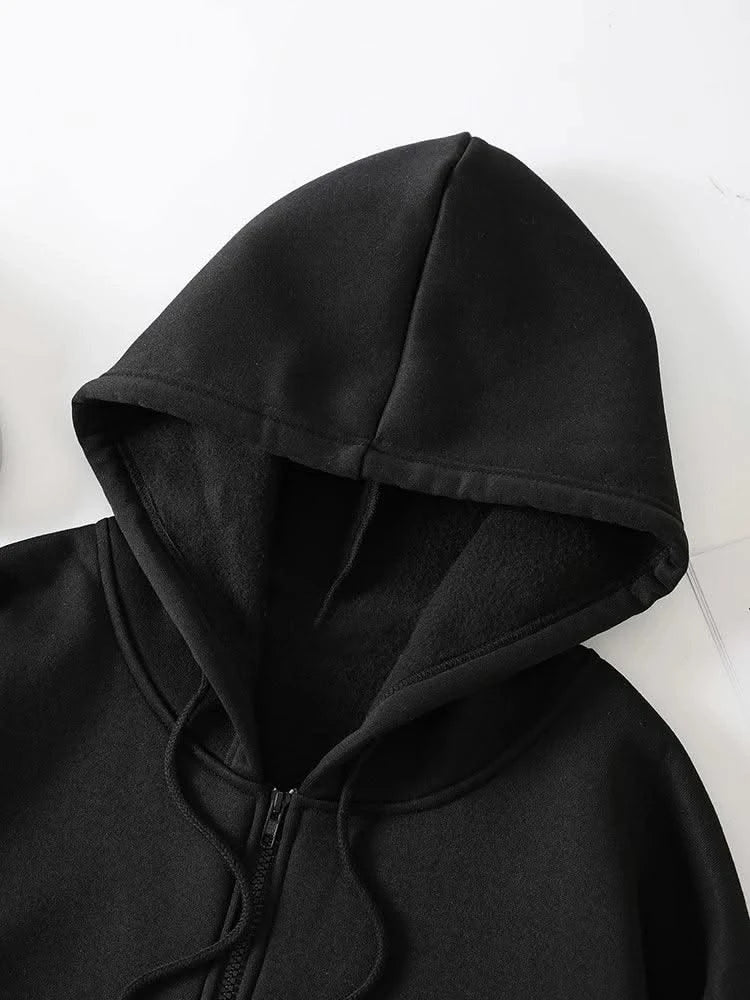 Fashion Solid Zipper Hoodie Women Warm Fleece Hooded Sweatshirt Autumn Casual Street Pocket Sportswear Oversized Female Clothing