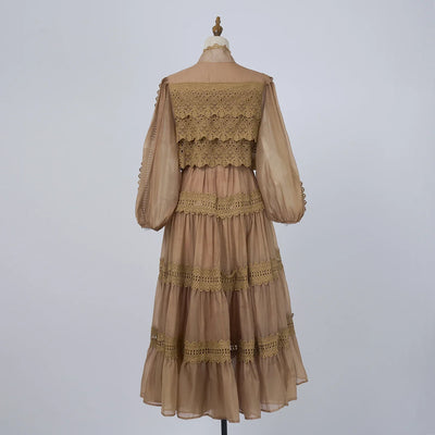 Luxury Long Dresses Women 2025 Spring Summer Embroidery Ruffle Lace Pearl Hollow Out Party Midi Dress Shirt Full Sleeve Vestidos