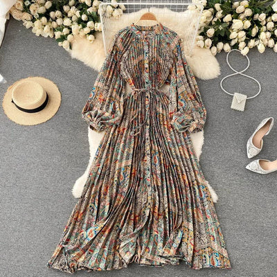 Retro Print Elegant Pleated Lace-up Chiffon Long Sleeve Dress A-line Blouse French Casual V-neck High Waist Women Summer Dresses