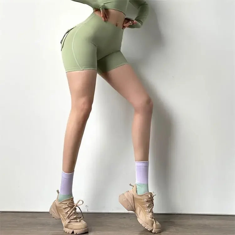 Shorts Women Solid Yoga Pants Pocket Button Short Pant Slim Fit Trousers Wrap Hip Splice Sporty High Waist Lady Summer