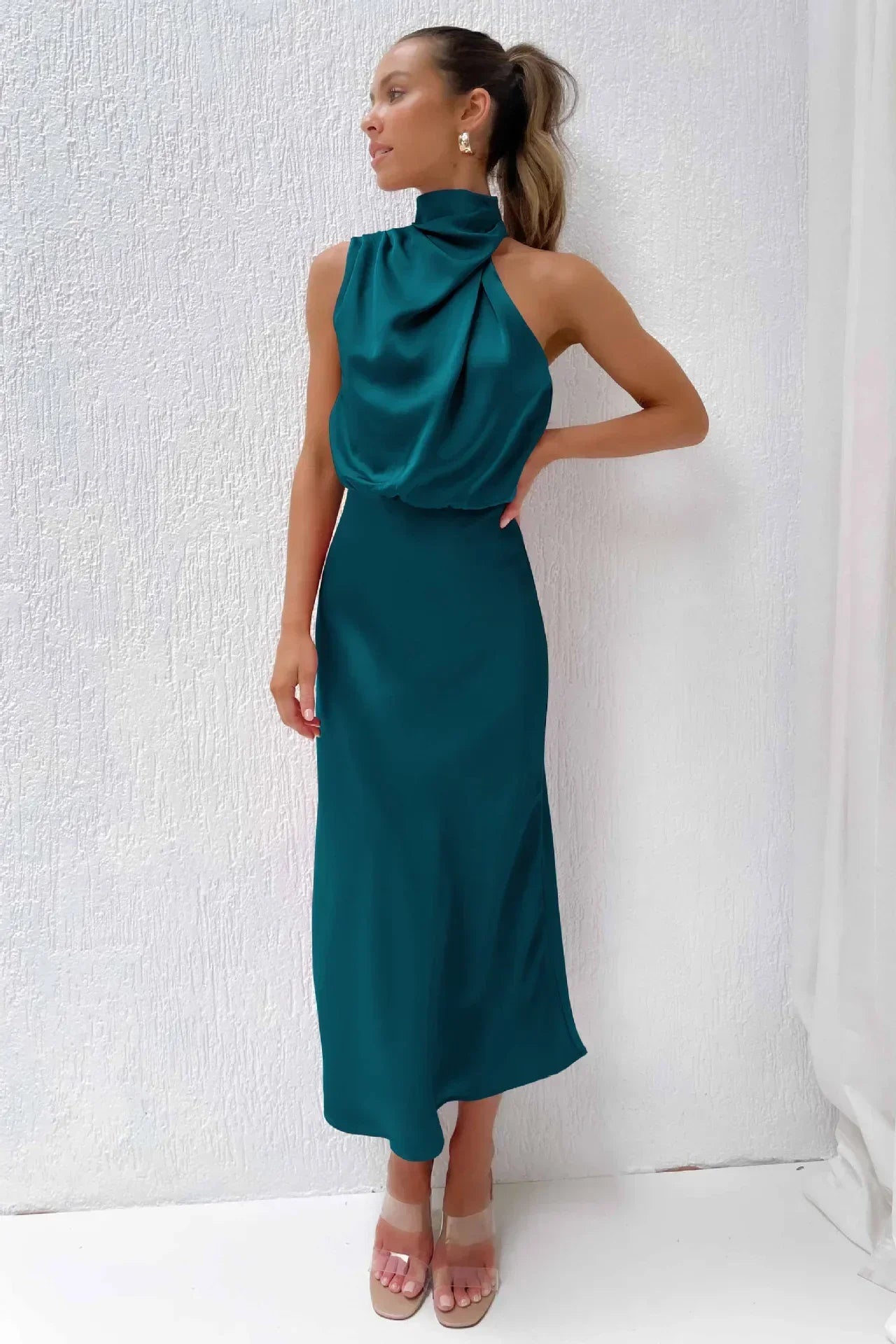 2025 Spring/Summer Long Dress for Women High Waist Halter Satin Sleeveless Dress Fashion Elegant Solid Evening Party Dresses