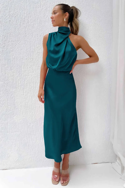 2025 Spring/Summer Long Dress for Women High Waist Halter Satin Sleeveless Dress Fashion Elegant Solid Evening Party Dresses