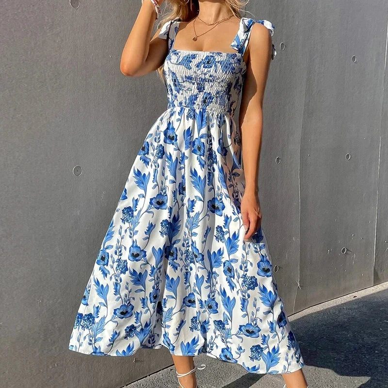 2025 New Summer Dresses for Women Sexy Print Spaghetti Strap Women Dress A-LINE Long Dress Women Vestidos De Verano Mujer Q110