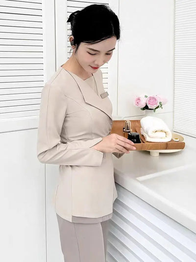 Women's Khaki SPA Uniform Set 2025 Spring/Autumn New Style Beauty Salon Front Desk Workwear Top And Pants Company Wholesale