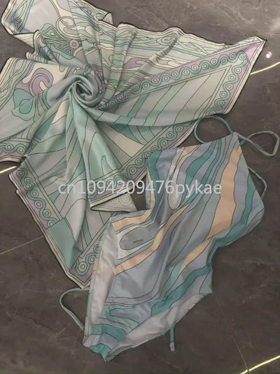 Luxury Design Women's Blue Scarf Swimsuit Designer Brand Lady Beach Swimswear