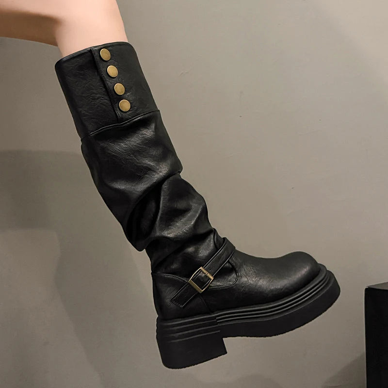 Vintage Women Knee High Boots Autumn Winter Ladies Causal Thick Heel Knight Long Botas Zapatos De Mujer