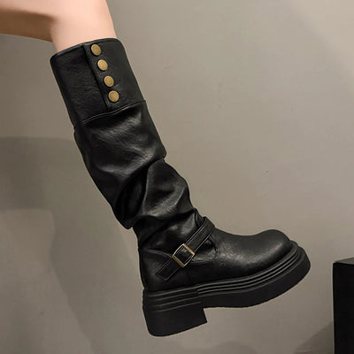 Vintage Women Knee High Boots Autumn Winter Ladies Causal Thick Heel Knight Long Botas Zapatos De Mujer