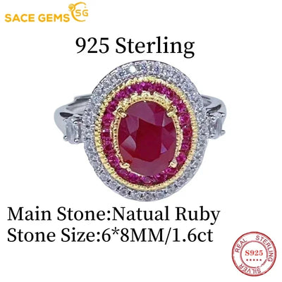SACE GEMS Fashion 925 Sterling Silver 6*8mm Natual Ruby Luxury Rings for Women Created Wedding Engagement Party Fine Jewelry