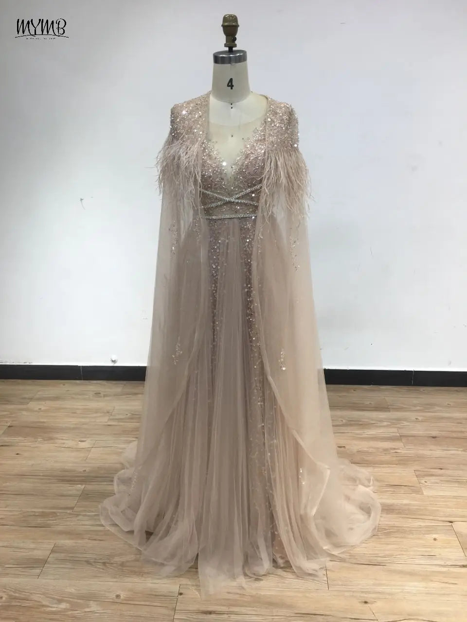 MYMB Arabic A-Line Women's Formal Engagement Dresses Gorgerous Beaded Wedding Prom Party Gown with Feathers Cape Shawl DKN0304