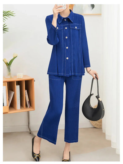 Wrinkle fashion casual suit for women high-end and casual loose fit plus size shirt collar top straight leg pants [20240514]