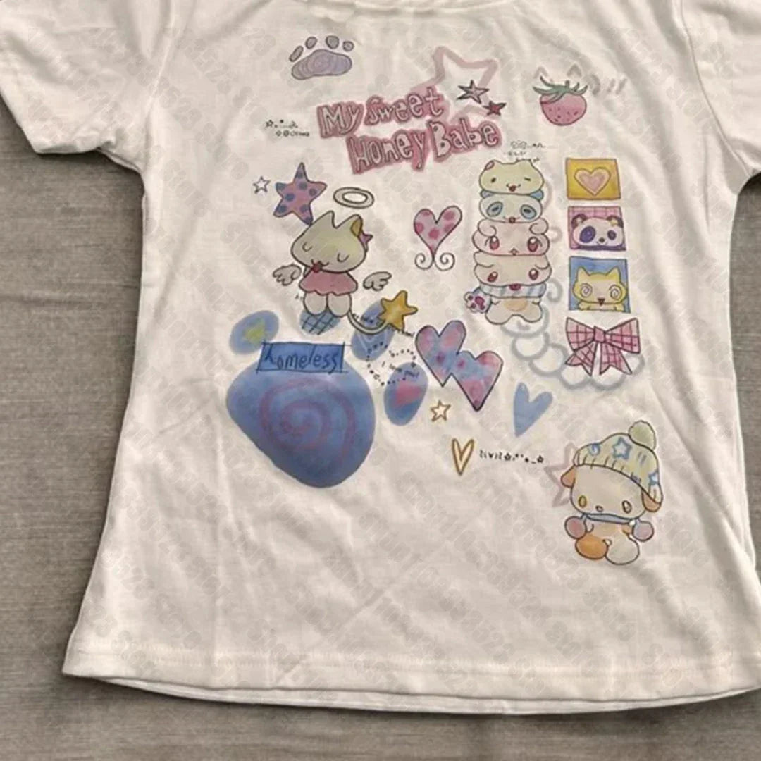 Cute Grils Printing T-shirts Gothic Grunge Graphic Women T-shirts Emo Girls Letter Printing Summer Slim Women T-shirts Y2k Style