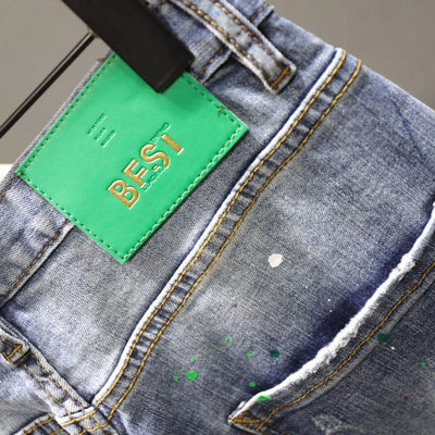 Men Fashion Denim Shorts Jeans New Summer Male Blue Ripped Jeans Shorts High Quality Man Paint Splash Technology Denim Shorts