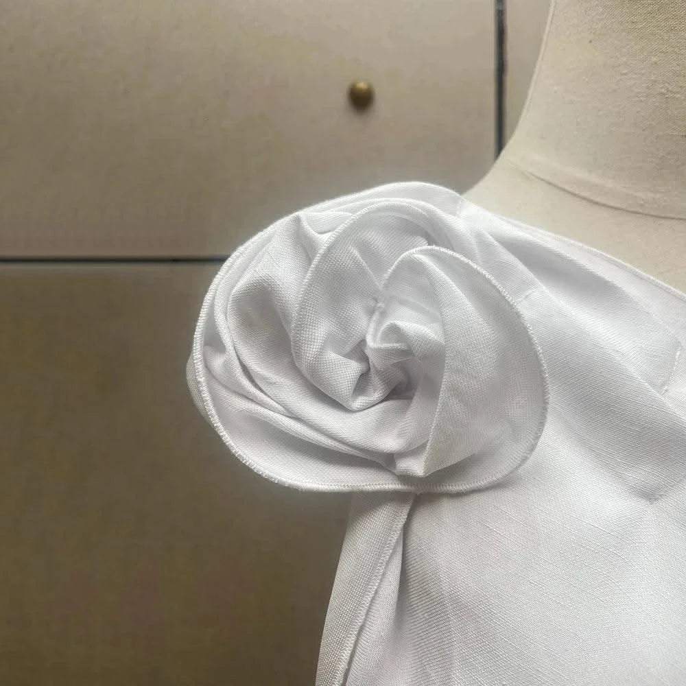 Linen Blend One-Shoulder Women's Vest Y2K Style Peplum Top with Stereoscopic Flower Decoration Elegant Commuter Wear for Summer
