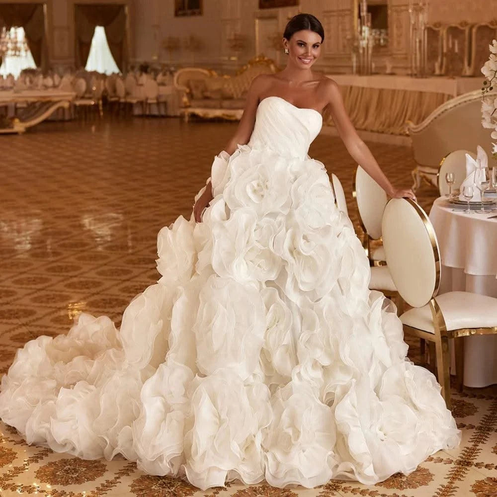 Arabic Wedding Dress Customized Sweetheart Pleat Ruffles Ball Gown Flower Bridal Dresses