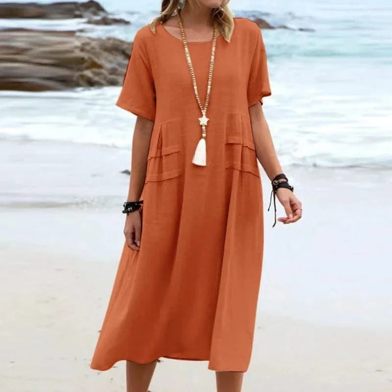 2025 Summer Fashion New Women's Elegant Long Cotton and Hemp Dress Round Neck Vacation Short Sleeve Medium Long Dress