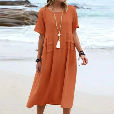 2025 Summer Fashion New Women's Elegant Long Cotton and Hemp Dress Round Neck Vacation Short Sleeve Medium Long Dress