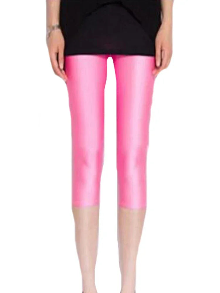 CUHAKCI Fluorescent Color Women Leggings Shiny Leggins Spandex Pants Summer Super Elastic Fitness Capris
