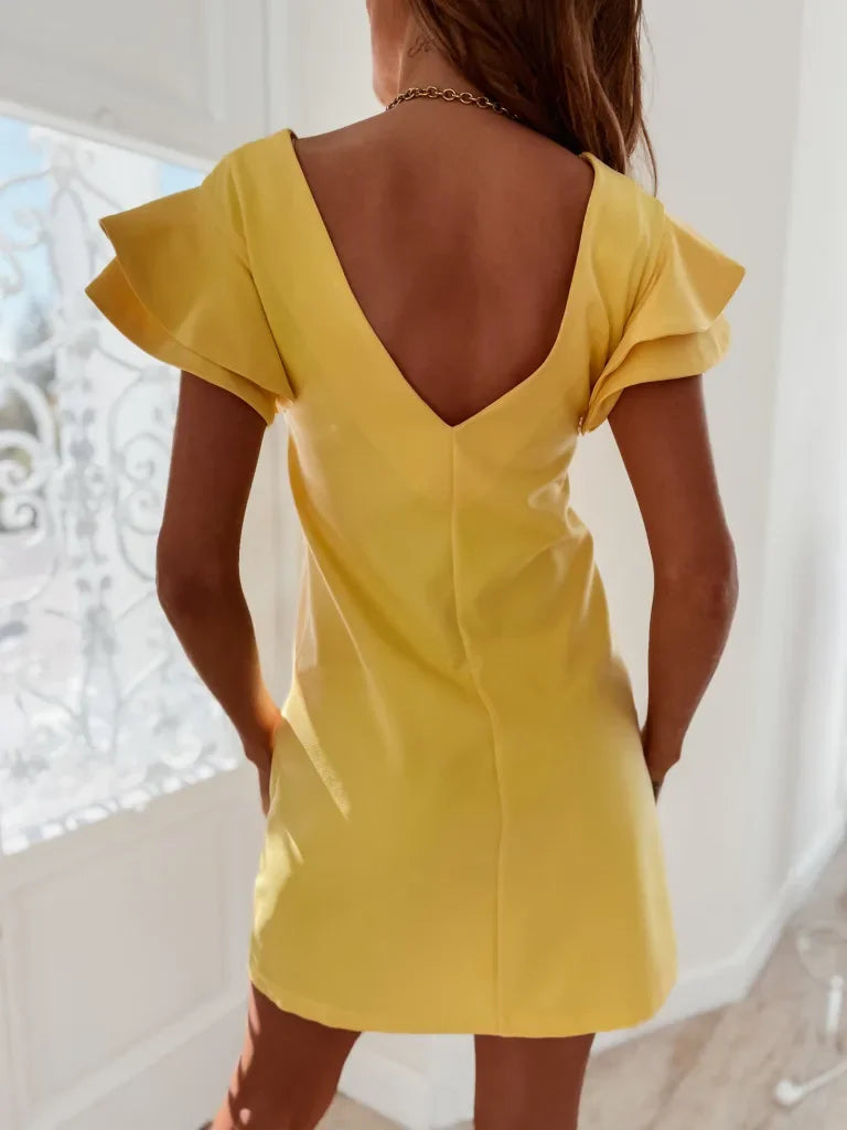 Women Ruffle Short Sleeve Mini Party Dress Summer Female Slim Backless Tshirt Dresses HY-W220217