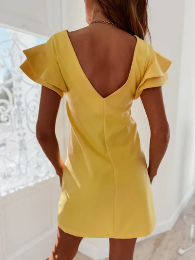 Women Ruffle Short Sleeve Mini Party Dress Summer Female Slim Backless Tshirt Dresses HY-W220217