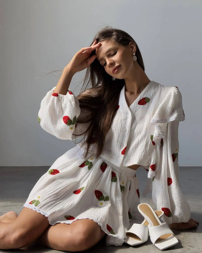 Women Cotton Linen Print Loose Suit Women Lantern Sleeve Ruffles V-neck Patchwork Single-Breasted Top High Waist Mini Skirt Suit