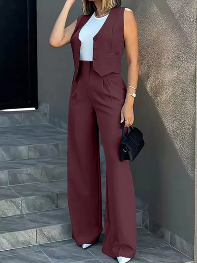 Trousers Suit Women's Vest Trousers Suit Elegant Loose Regular Work Suit High Waist Wide-leg Trousers 2-piece Street Suit