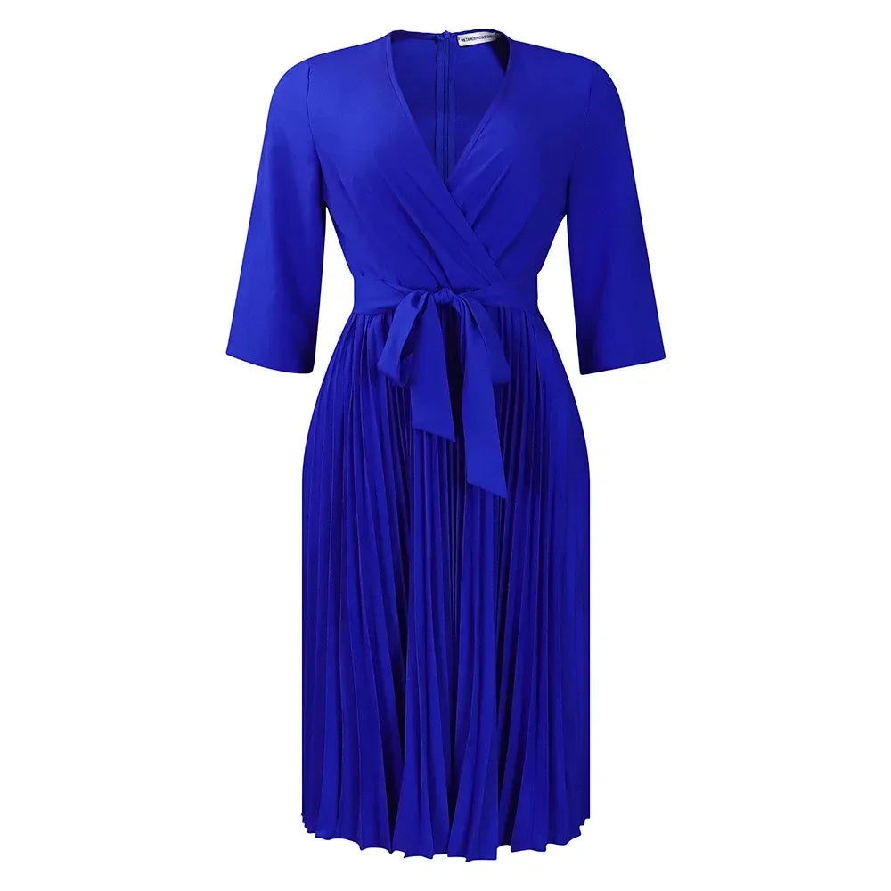 Elegant Office Dresses for Women Professional V Neck Full Sleeve Sashes Pleated Mid Calf Formal Business Work Wear Dress Midi OL