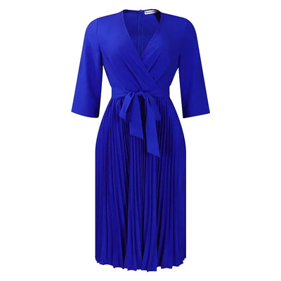 Elegant Office Dresses for Women Professional V Neck Full Sleeve Sashes Pleated Mid Calf Formal Business Work Wear Dress Midi OL