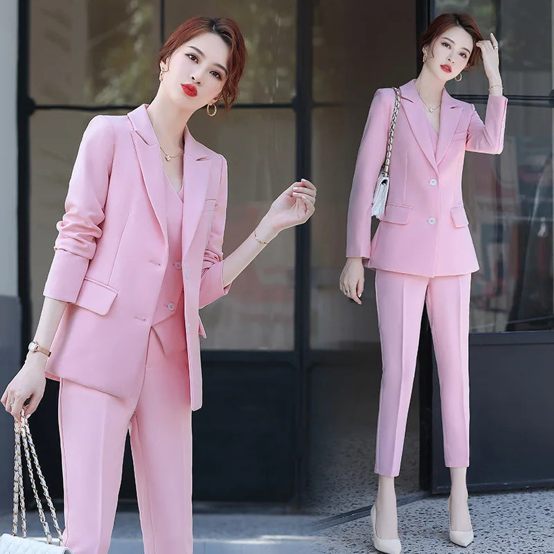 Sets for Women 3 Pieces Autumn Fashion Peak Lapel Long Sleeve Blazer Vest & Elegant High Waist Work Pants Set Daily Office Lady