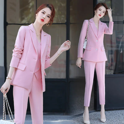 Sets for Women 3 Pieces Autumn Fashion Peak Lapel Long Sleeve Blazer Vest & Elegant High Waist Work Pants Set Daily Office Lady