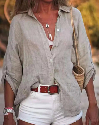 Women Cotton Linen Blouse Shirt Summer Female Turn Down Collar Three Quarter Loose Blouse Tops Woman shirts & blouses