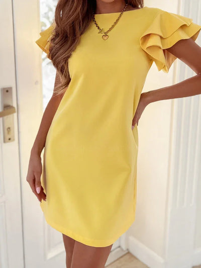Women Ruffle Short Sleeve Mini Party Dress Summer Female Slim Backless Tshirt Dresses HY-W220217