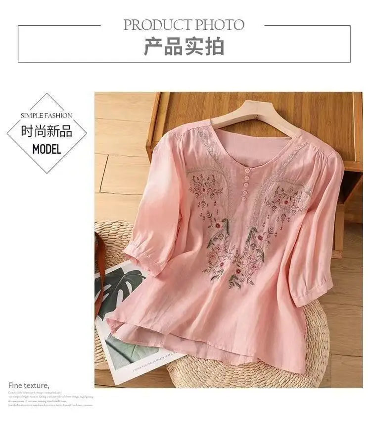 Cotton and Linen V-neck Embroidered Shirt for Women, Summer Thin Style Loose Medium Sleeves Small Shirt Top