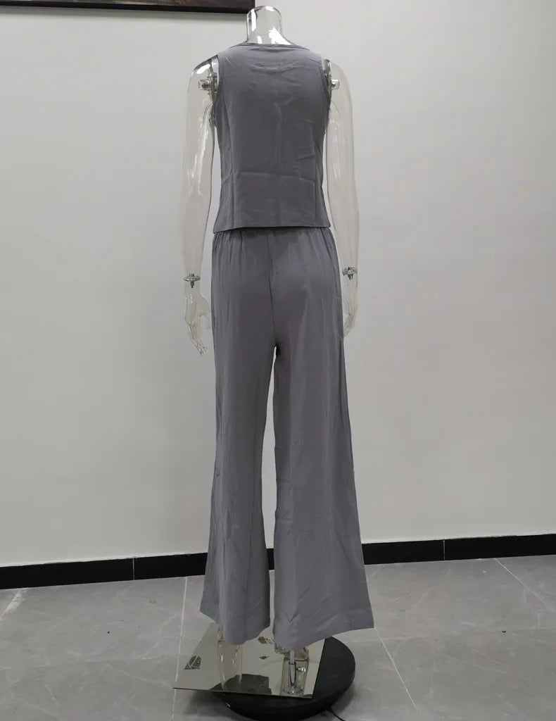 Women's New Cotton Linen Suit Summer Casual Sleeveless Round Neck Top Trousers Wide Leg Pants Two-piece Set For Women