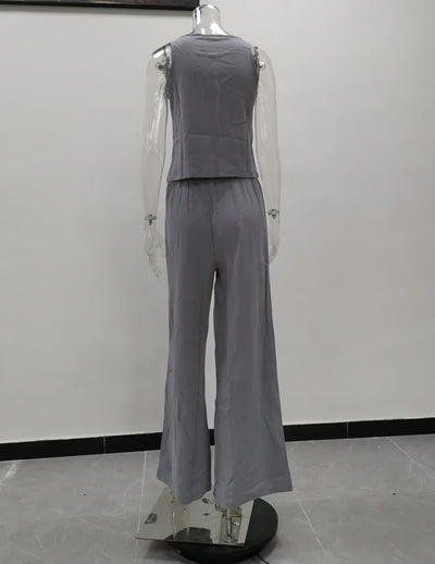 Women's New Cotton Linen Suit Summer Casual Sleeveless Round Neck Top Trousers Wide Leg Pants Two-piece Set For Women