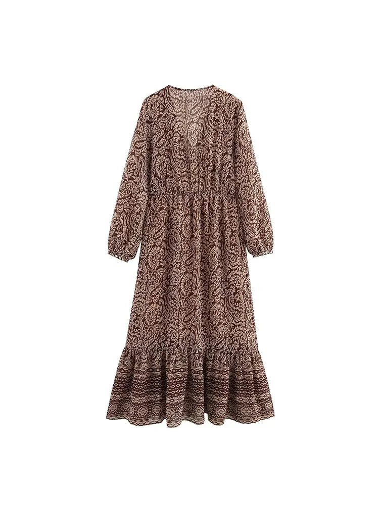 Women Summer MIDI Dress 2025 Vintage Print Chiffon V-Neck Cascading Ruffle Bow Female Elegant Street Dresses Clothing