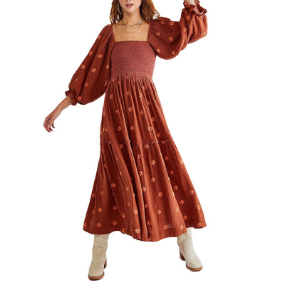 Women Summer Casual Long Dress 3D Embroidered Flowers Square Neck Puff Sleeve Dress Fashion Backless A-line Dress