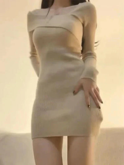 Knitted Dress Women Autumn Winter Long Sleeved Sexy Off Shoulder Stretch Sweater Solid Elegant Skinny Chic Korean Lady Dress