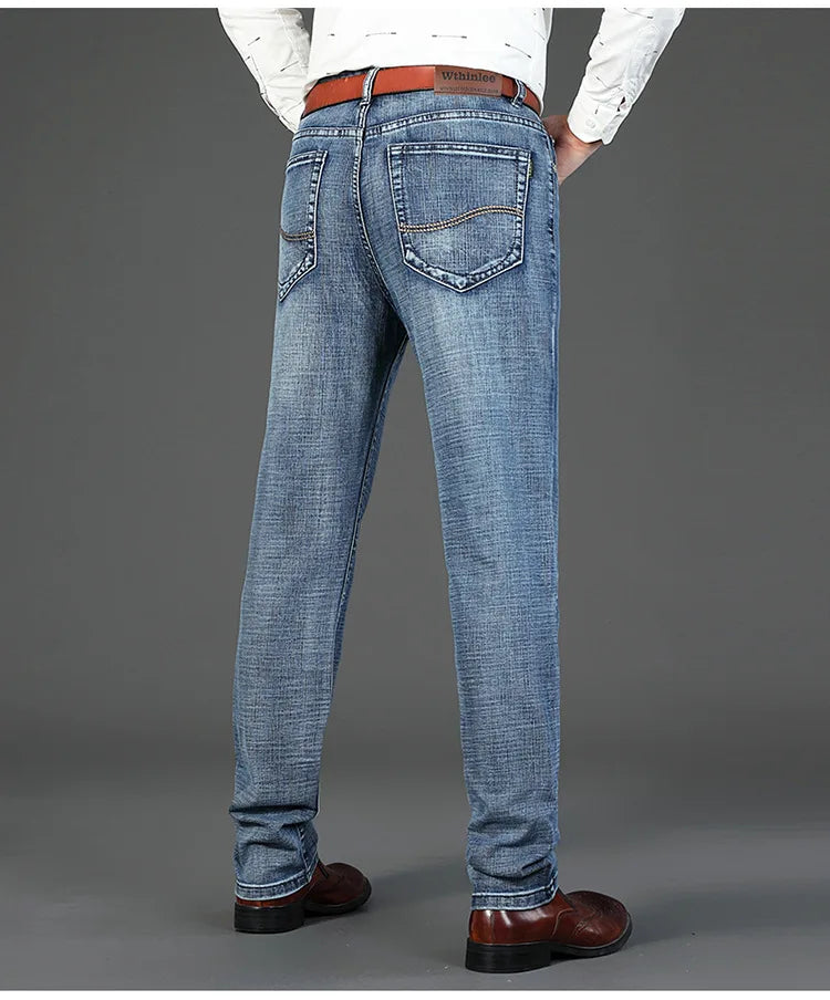 Mens Denim Pants Spring Casual Business Straight Fit Loose Elasticated Jeans Stylish Comfortable Pants for Work and Daily Wear