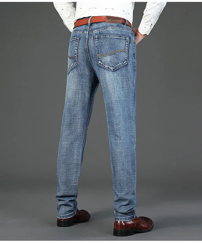 Mens Denim Pants Spring Casual Business Straight Fit Loose Elasticated Jeans Stylish Comfortable Pants for Work and Daily Wear