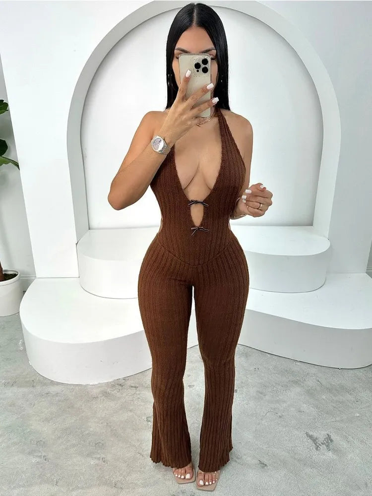 Joskaa Knitted Halter Backless Jumpsuit Women Sexy Deep V-Neck Bow Sleeveless Skinny Overalls 2025 Fitness Sportswear Clubwear