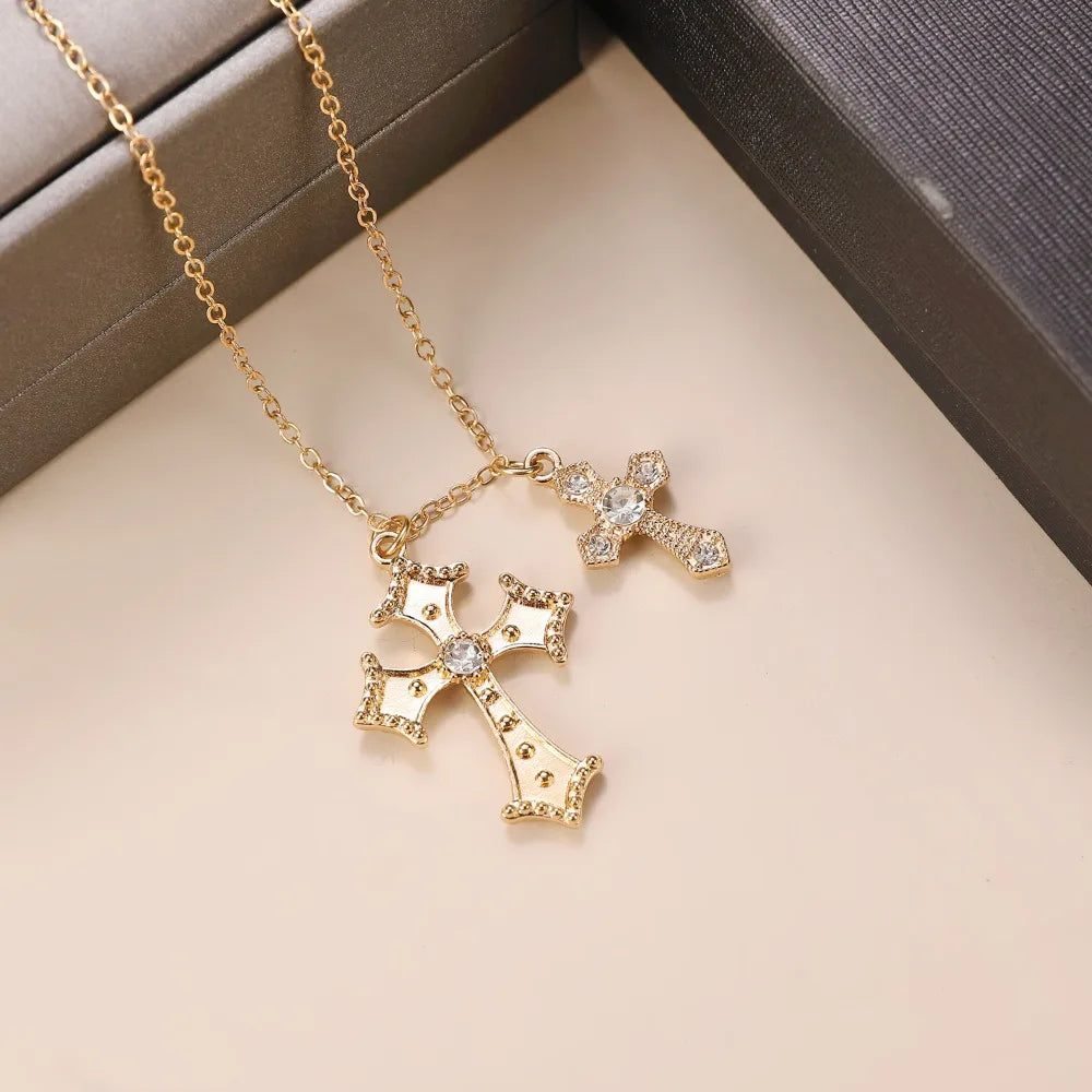 Retro Stereo Double Cross Pendants Long Necklace Baroque Court Sweater Chain for Women Fashion Gothic Jewelry Accessory Gifts