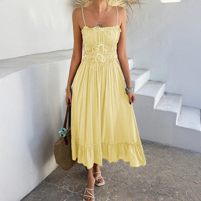 2025 Spring and Summer A-line Skirt Casual Holiday Style Lace Stitching High Waist Suspender Dress Women