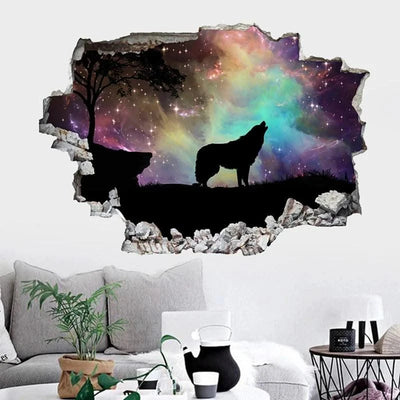 3D Broken Wall Hole Art Moon Night Wolf Howls Vinyl Mural Stickers Room Decorations for Home Items Self Adhesive Animal Poster