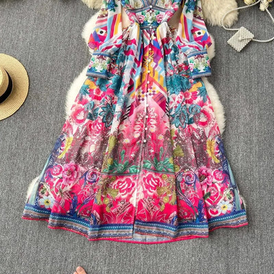 Summer Gorgeous Flower Dress Women Chiffon Clothing Sexy Deep V Neck Single Breasted Floral Print Beach Boho Long Robe Vestidos