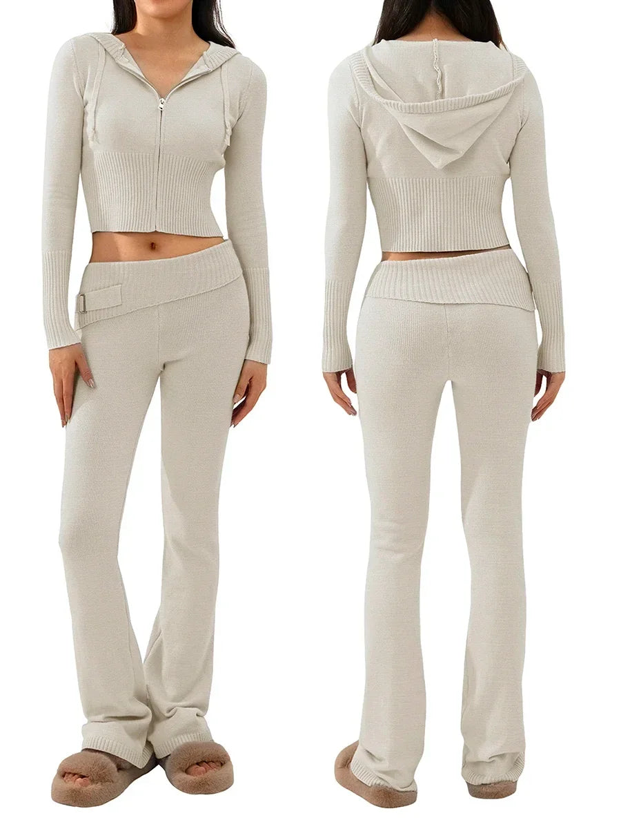 Women Tracksuit  Knit Lounge Set Long Sleeve Zip Up Hoodie with High Waist Wide Leg Pant 2 Piece Sweater Ensemble Casual Set